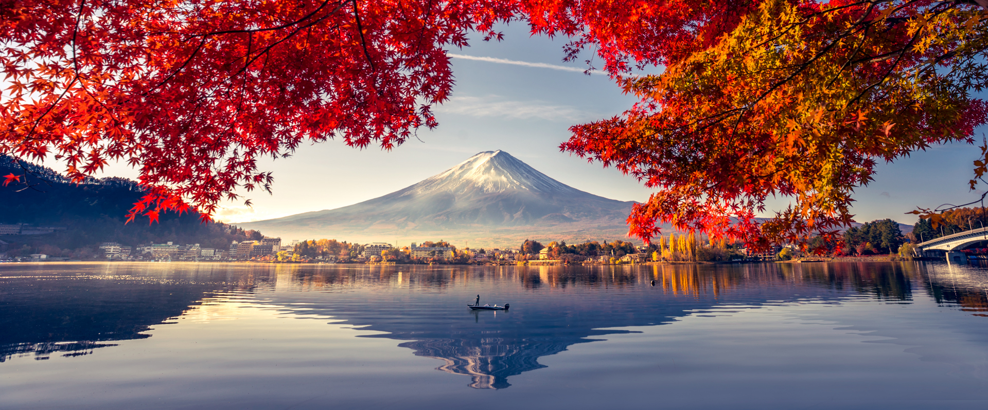 Colorful Autumn Season and Mountain Fuji with morning fog and re